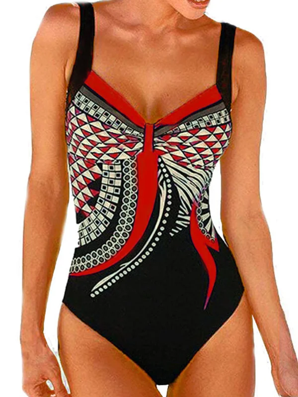 Retro Print Ladies One-piece Backless Swimsuit