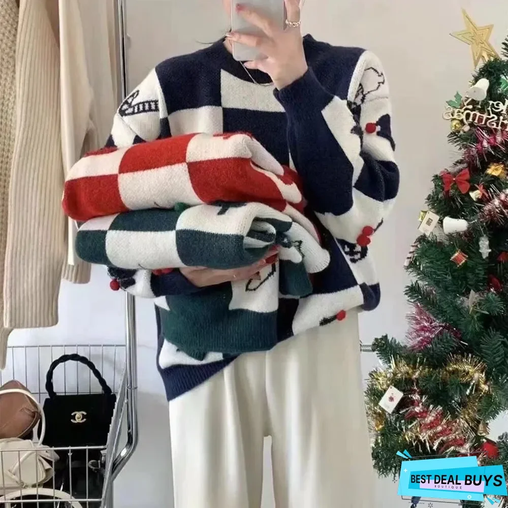 Retro Jacquard Pullover Loose Checkerboard Thickened Sweater