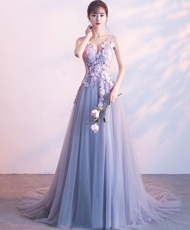 Gray Lace Tulle Long Prom Dress, Gray Evening Dress