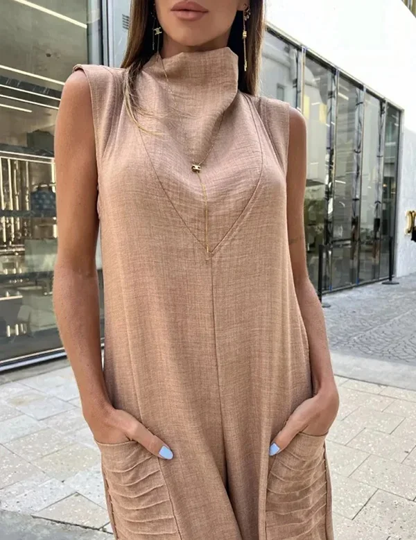 Solid Color Pockets Pleated Wide Leg Sleeveless High Neck Jumpsuits