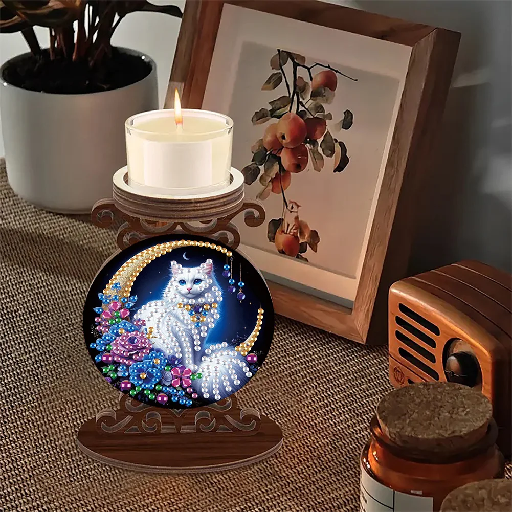 Wooden Diamond Painting Candle Holder Rhinestone Candlestick Decor (Cat)