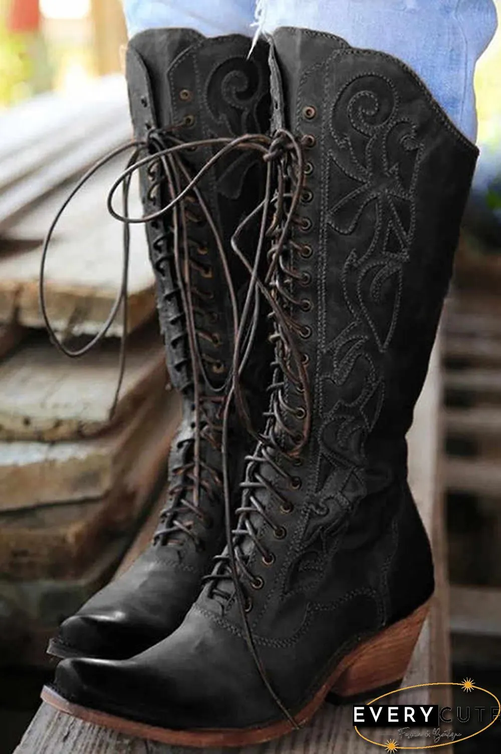 Laser Cut Lace Up High Boot