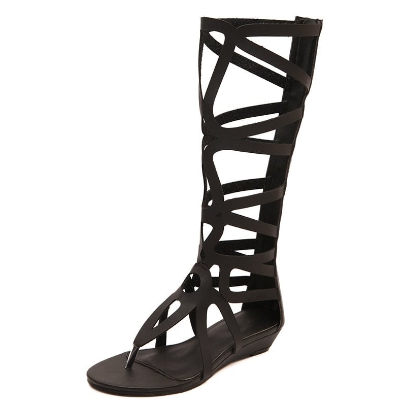 Gdgydh Zapatos Mujer Verano 2021 Sandalia Knee High Sandals Gladiator Open Toe Cross Strappy Black Gold Zipper Cut-Outs Wedge