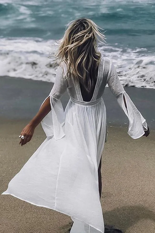 Split Sleeve Open Back Crochet Maxi Cover Up-elleschic