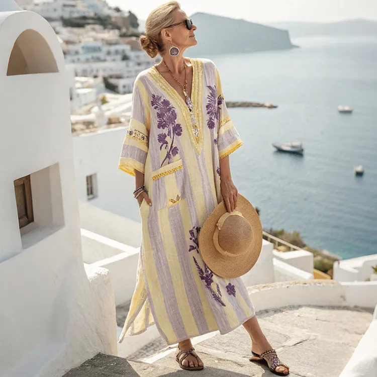 Women's Color Blocked Striped Floral Print V-neck Linen Blend Midi Dress