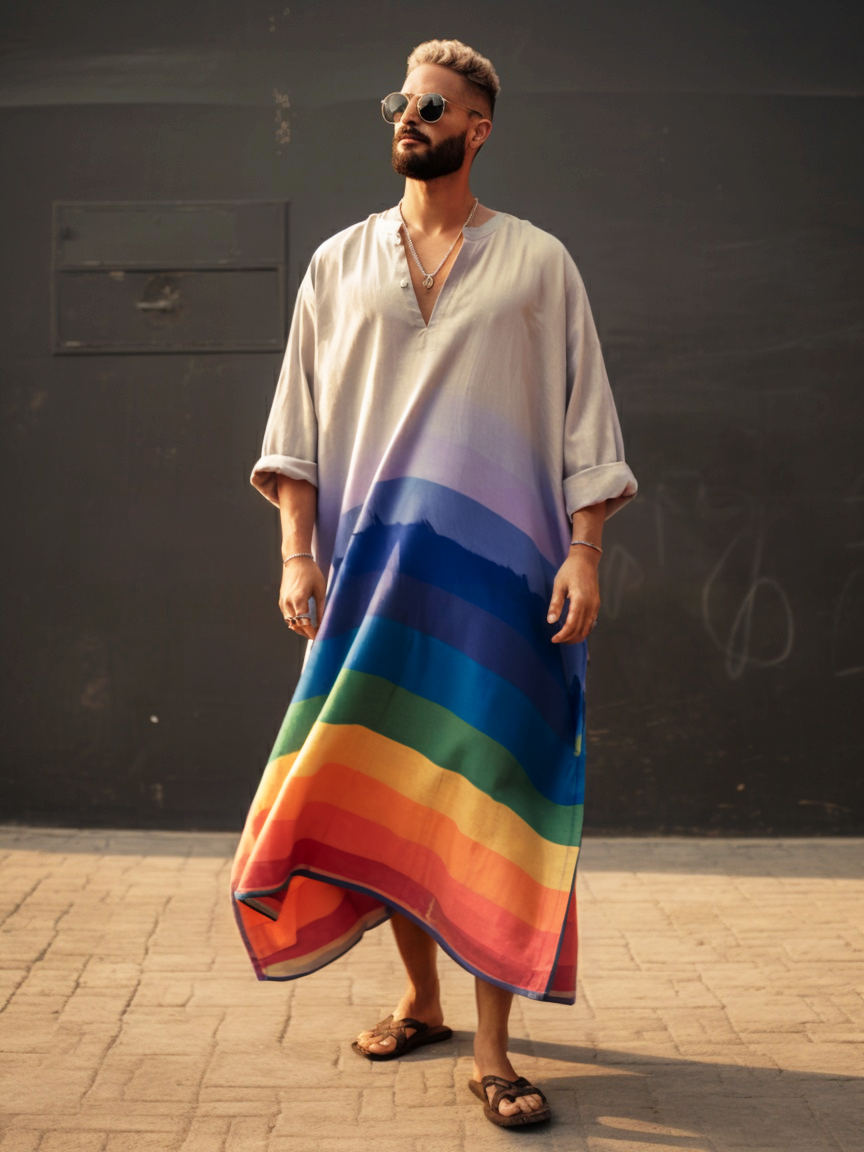 Rainbow V-neck Men Kaftan Long Caftan