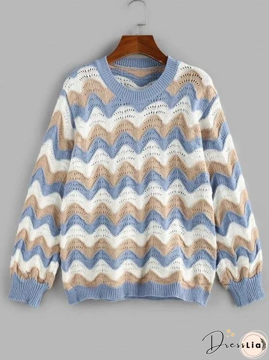 Wave Striped Pointelle Knit Drop Shoulder Sweater