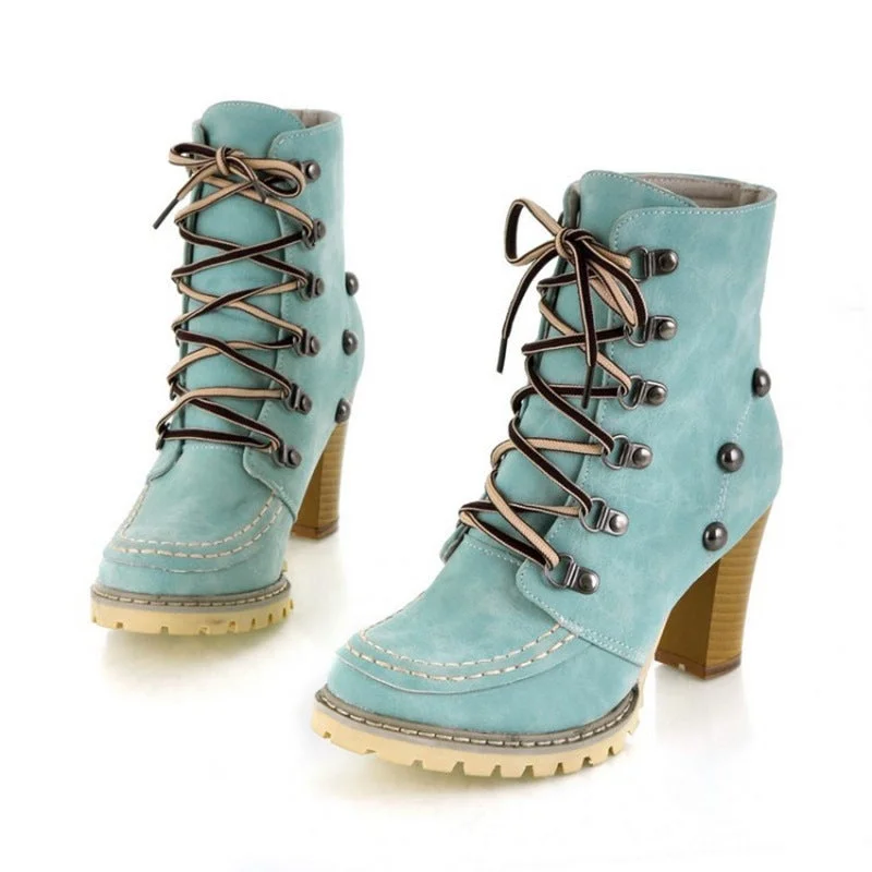 Woman Fashion Lace-up Rivet High Heel Boots