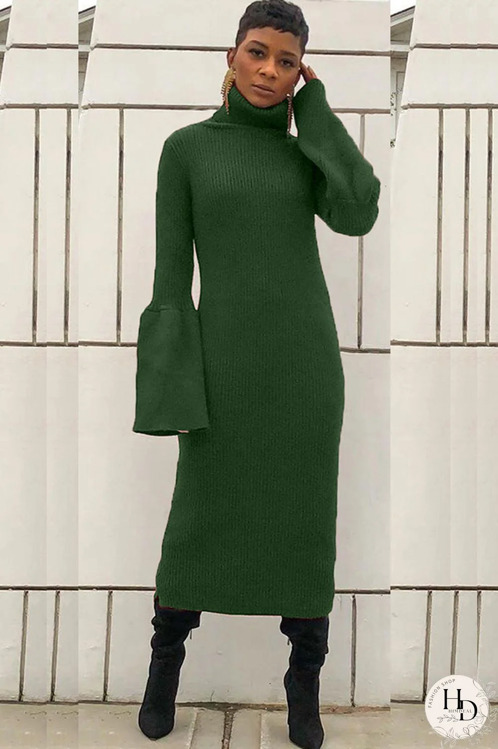 Green Polyester Sexy Bell sleeve Long Sleeves Turtleneck Step Skirt Mid-Calf asymmetrical Solid Patchwork