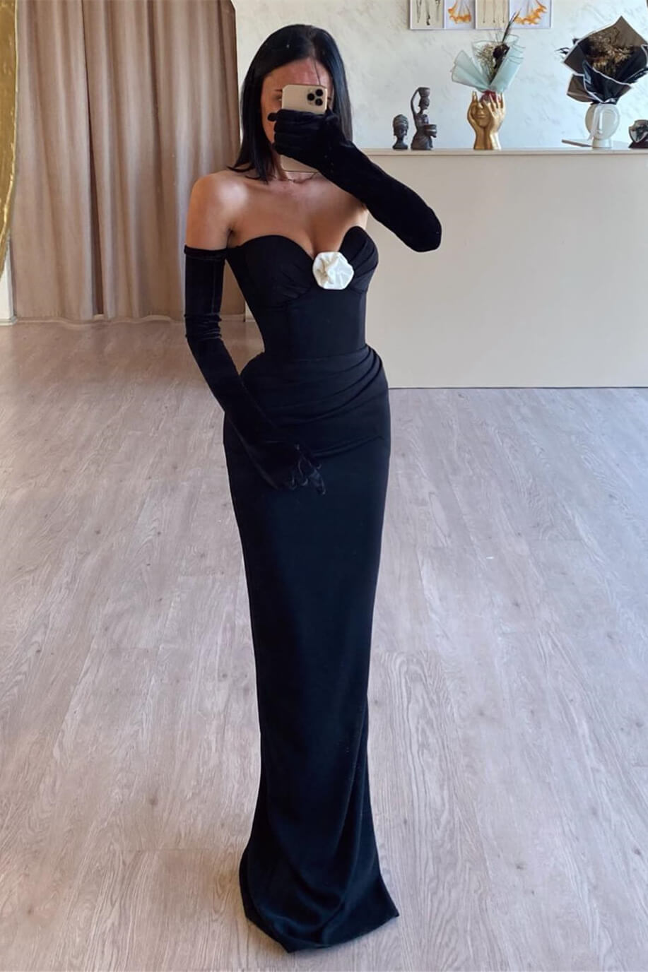 Chic Black Sweetheart Mermaid Evening Gown With Gloves Long - lulusllly