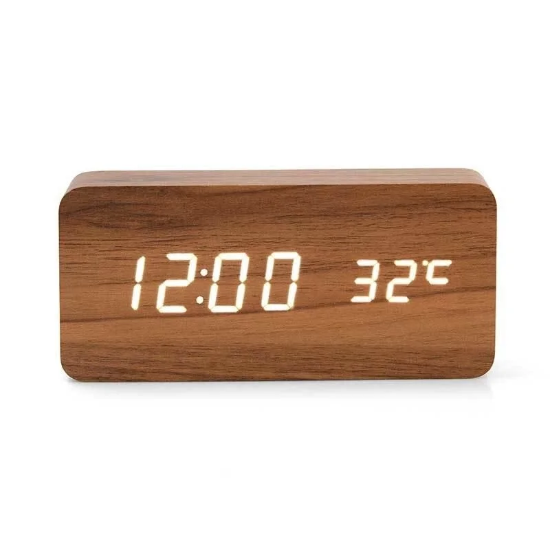 LED Digital Alarm Clock Wooden Watch Table Voice Control Digital Wood Despertador USB/AAA Powered Electronic Desktop Clocks
