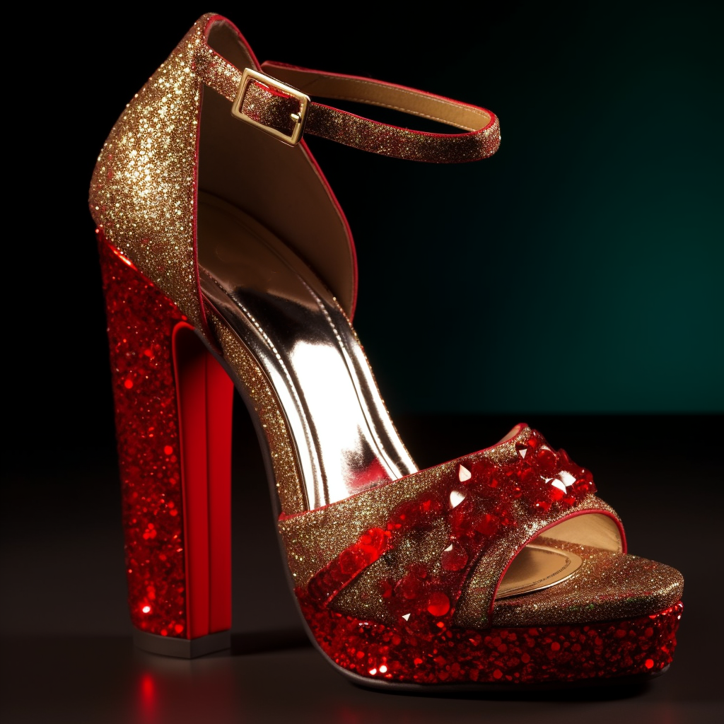 Elegant Red & Gold Glitter Chunky Heel Ankle Strap Platform Sandals