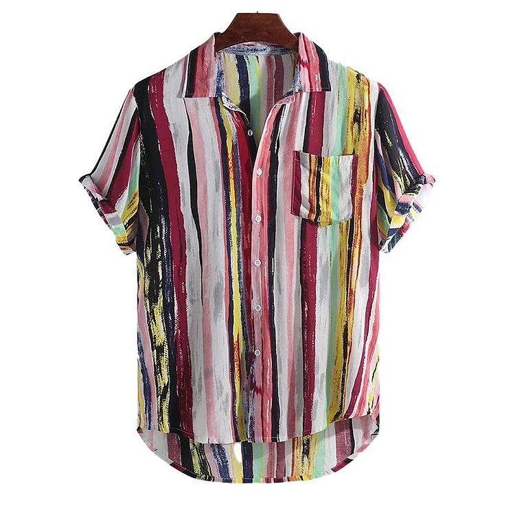 Men's Casual Loose Striped Printed Short Sleeve Shirt