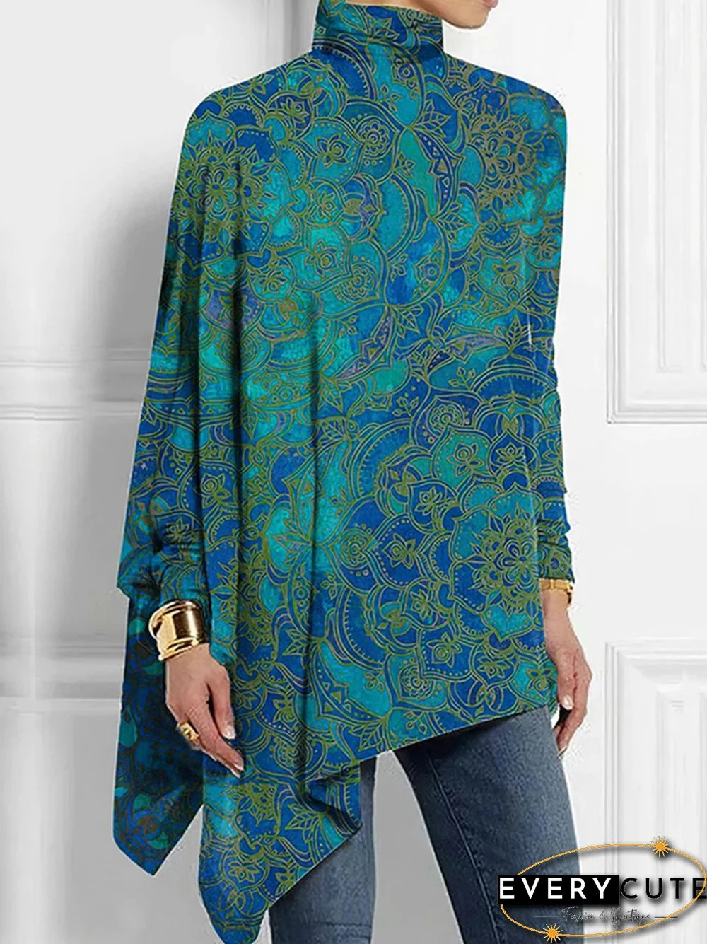 High-Low Long Sleeves Asymmetric Printed High Neck T-Shirts Tops
