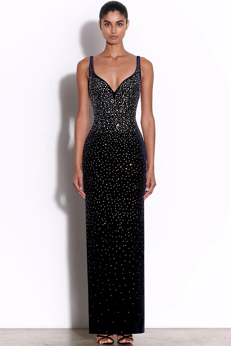 V Neck Sleeveless Rhinestone Embellished Bodycon Maxi Dress-Black