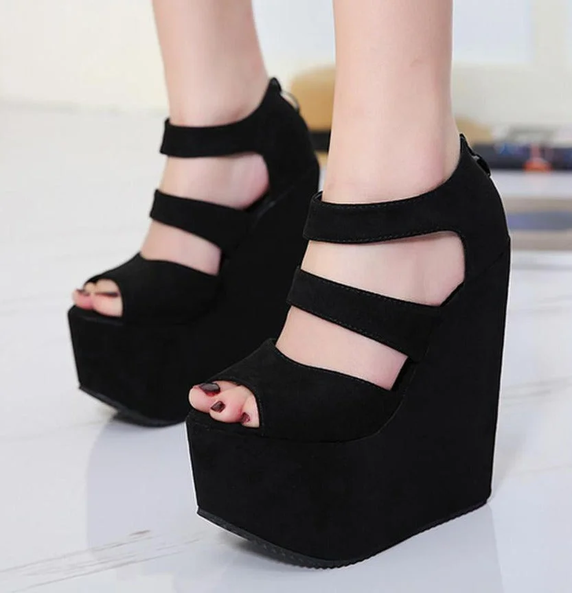 Black High Heel Wedge Sandals for Women Comfort Summer Open Toe Night Party Ladies Shoes Waterproof Pink Back Zipper