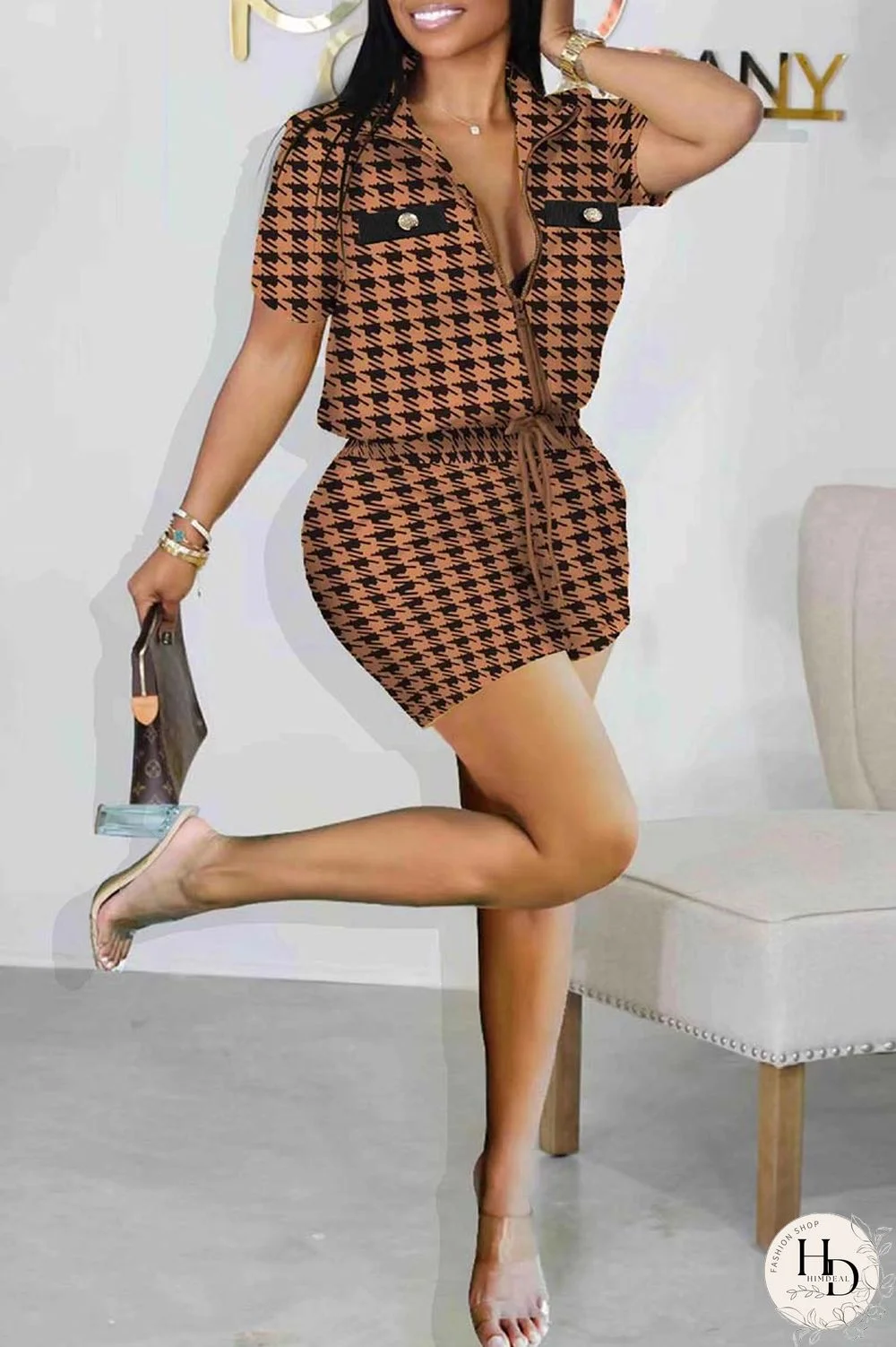 Black Casual Print Patchwork Zipper Collar Short Sleeve Two Pieces