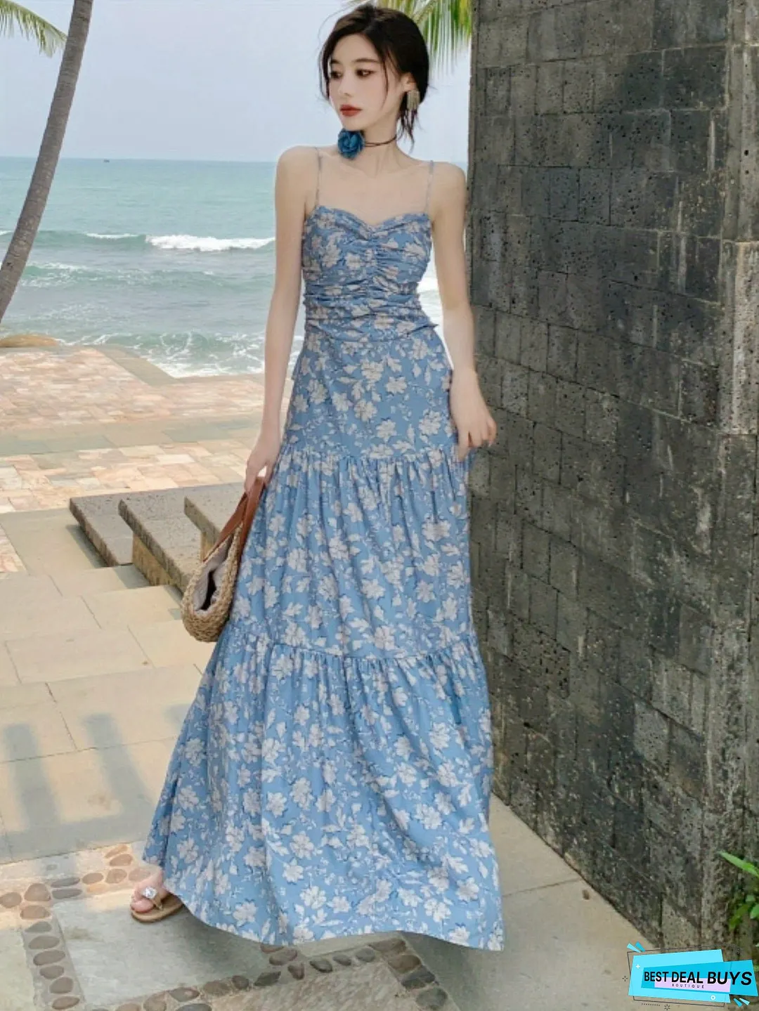 Floral Print Ruched Cami Dress, Elegant Sleeveless Ruffle Hem Dress For Spring & Summer, Women's Clothing