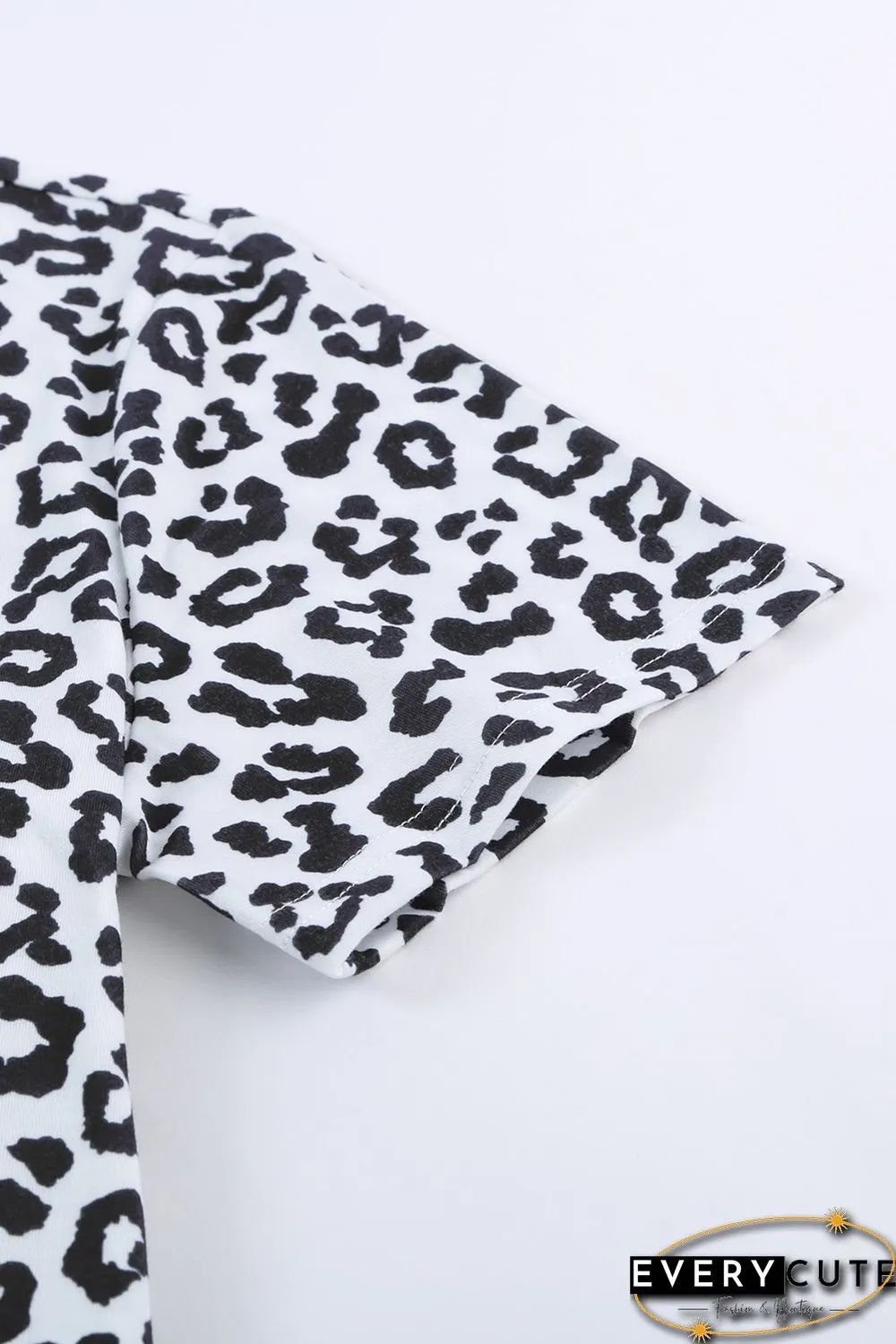 White Crew Neck Leopard Side Split T-shirt