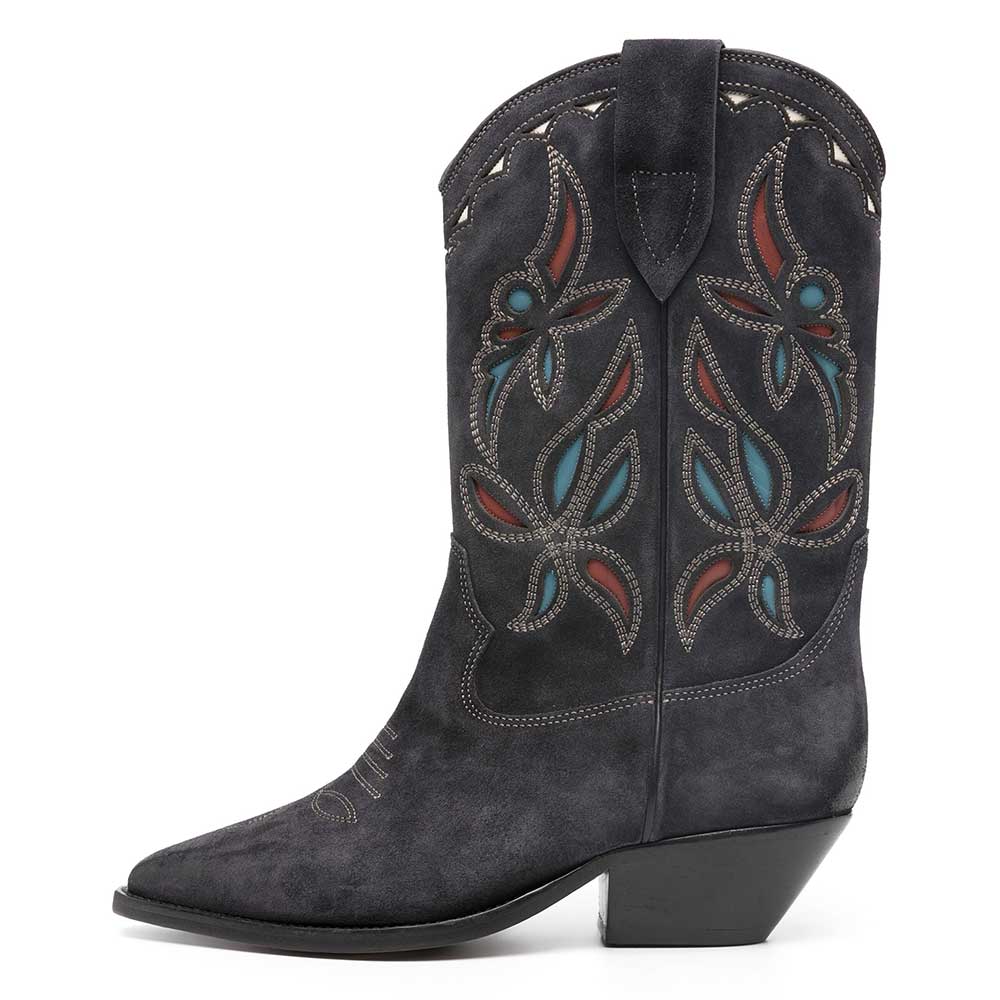 Black Vegan Leather Colorful Floral Embroidered Wide Calf Cowgirl Boots