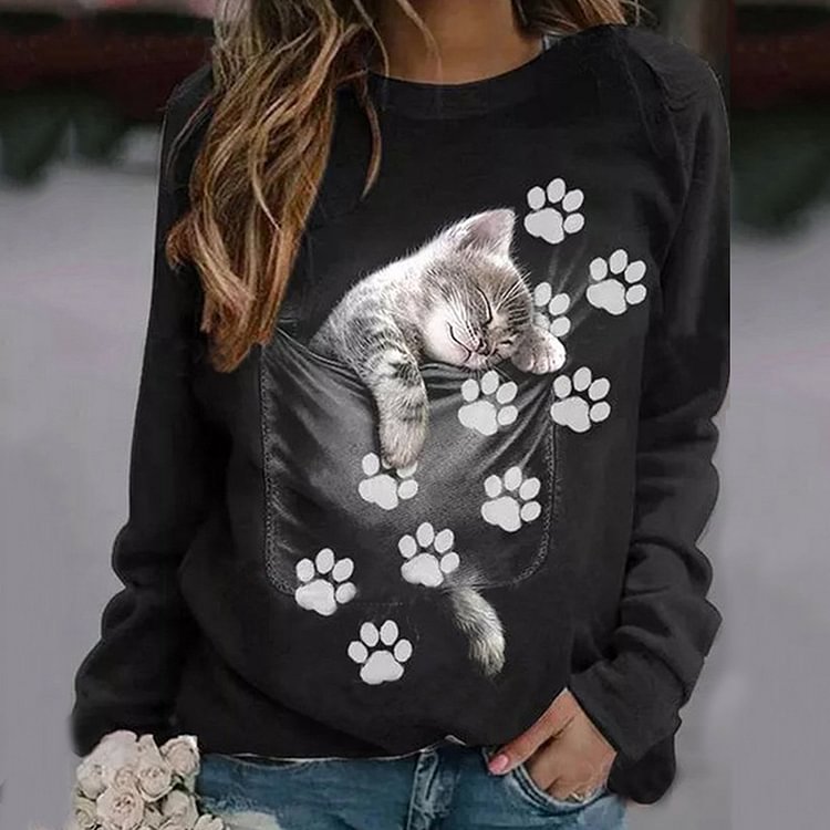 Comstylish Casual Pocket Cat Print Long Sleeve Sweatshirt