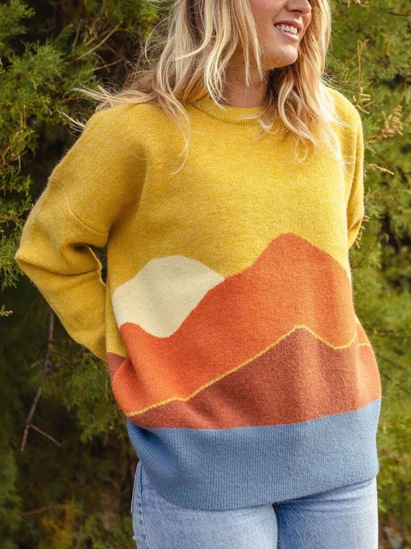 Color blocking mountain range outdoor warm women's sweater