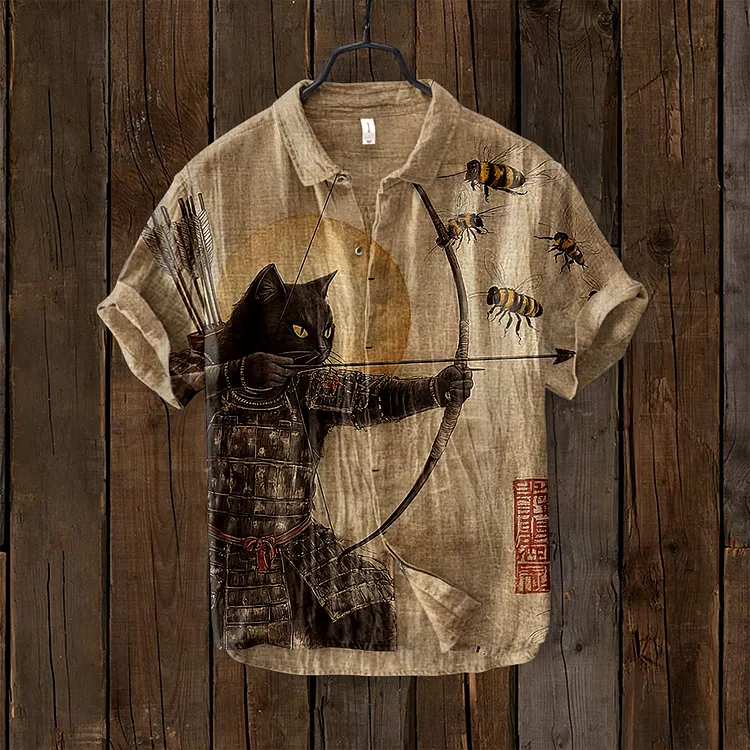 Men's Black Cat Tribal Warrior Japanese Kyudo Short Sleeve Shirt