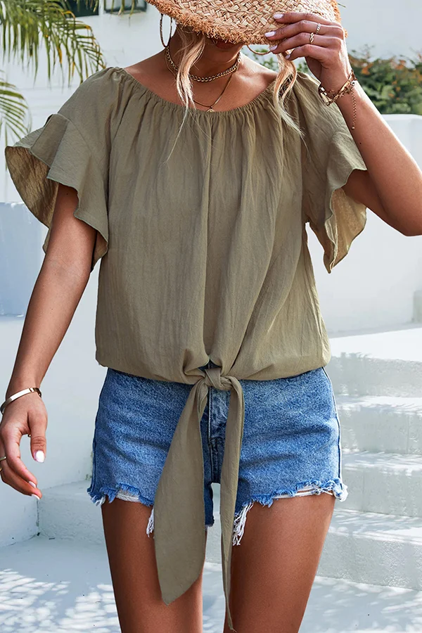 Casual Pleated Ruffled Crew Neck Pullover Lace Up Shirts