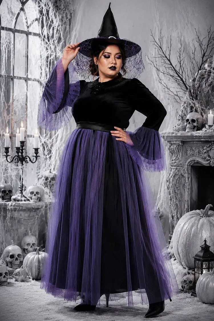 Xpluswear Design Plus Size Halloween Costume Purple Cosplay Witches Overlay Mesh Maxi Dress (Without Hat And Cane)（Ships 24h） 2024 - Xpluswear