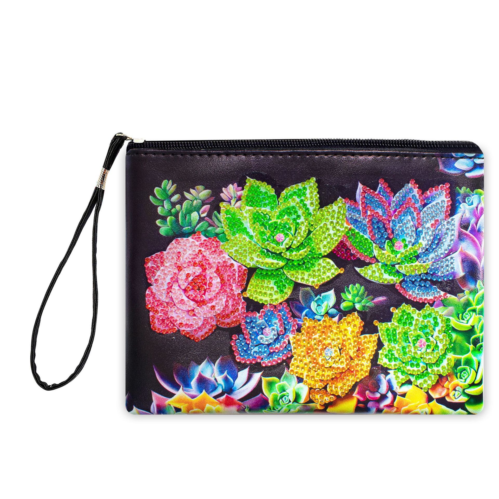 1 piece 5D DIY diamond painted handbag makeup bag, black succulent style handmade diamond art craft bag