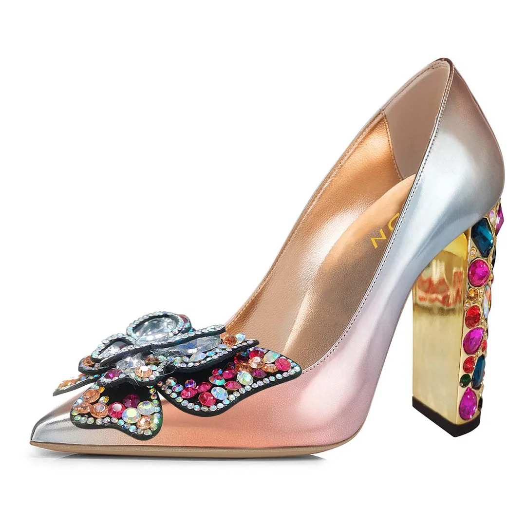 Multicolor Gradient Jewelry Pointed Toe High Heels with Butterfly