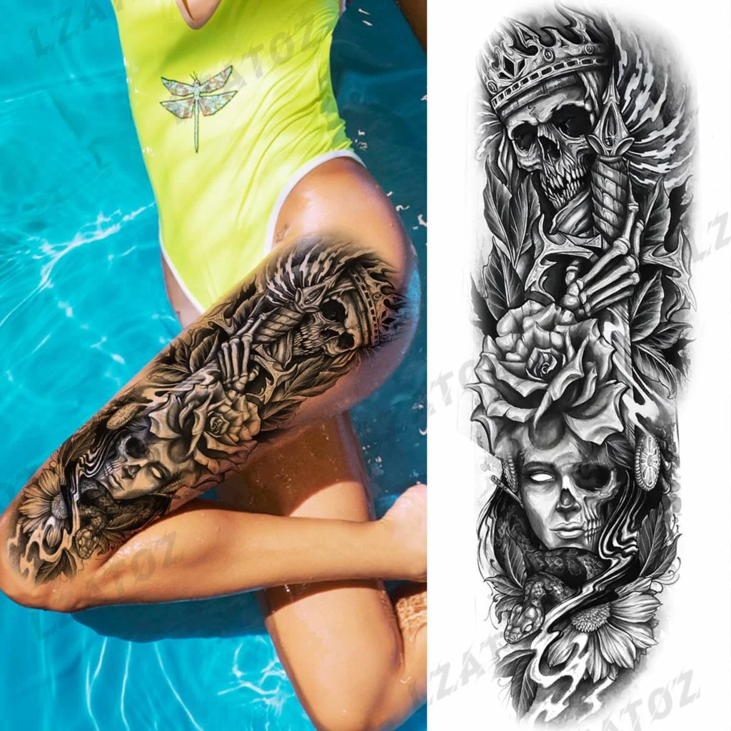 Sdrawing Sleeve Temporary Tattoos For Men Women Realistic Pirate Ship Wolf Tiger Skull Rose Flower Fake Tattoo Sticker Arm Tatoos