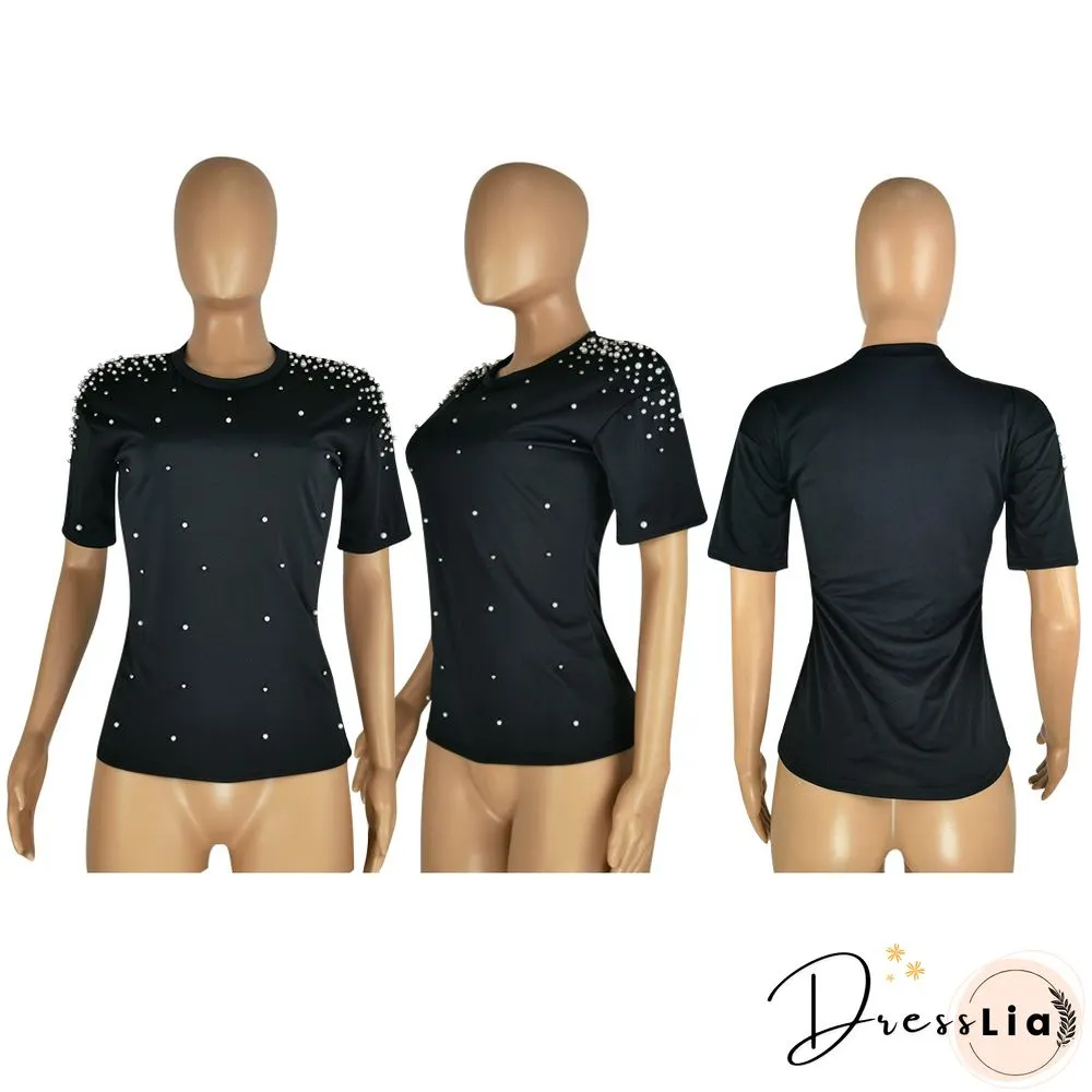 Plus Size Summer Round Neck Casual Short Sleeves Round Neck Bead Nail Decoration Women T-Shirt