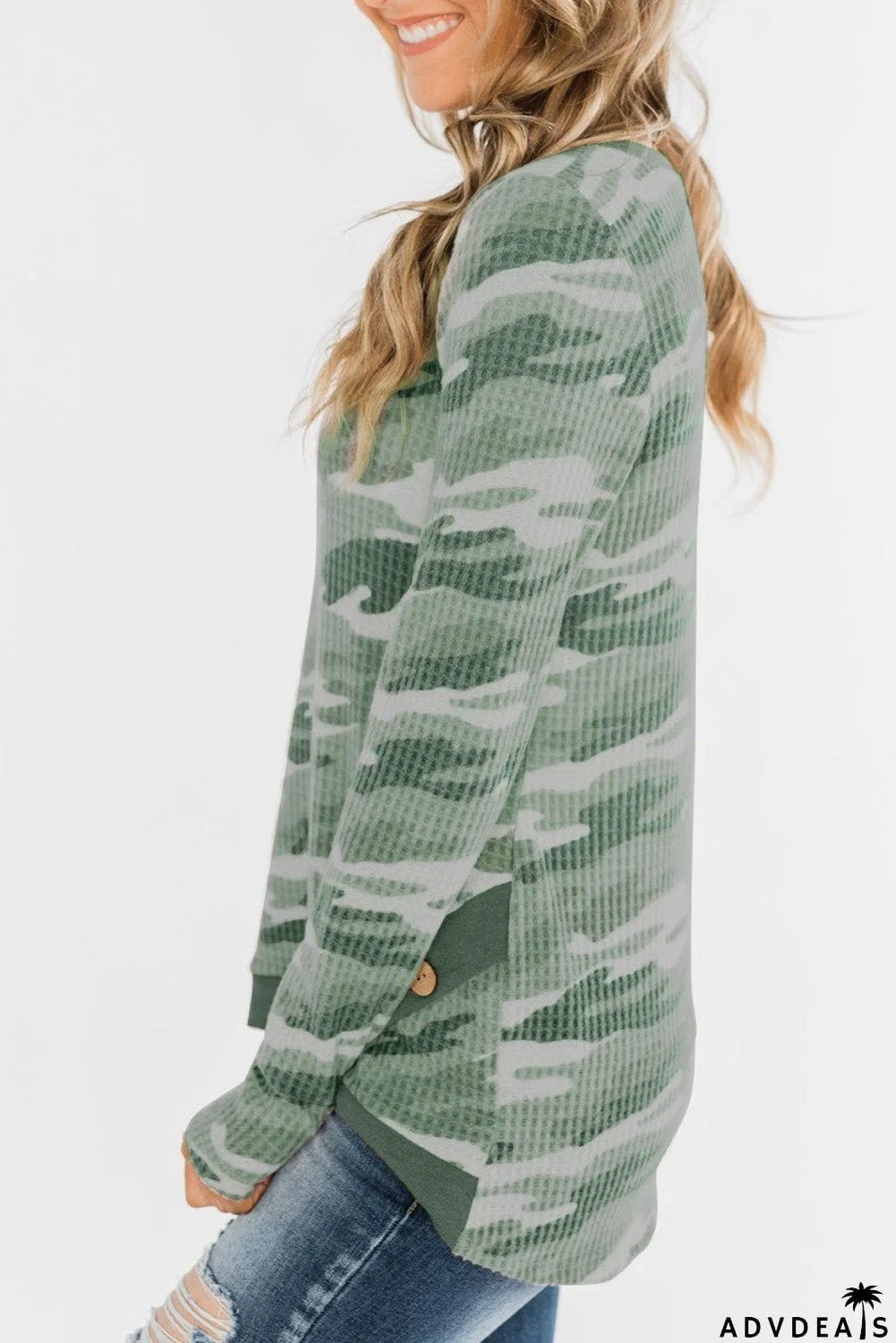 Camo Print Button Waffle Knit Long Sleeve Top
