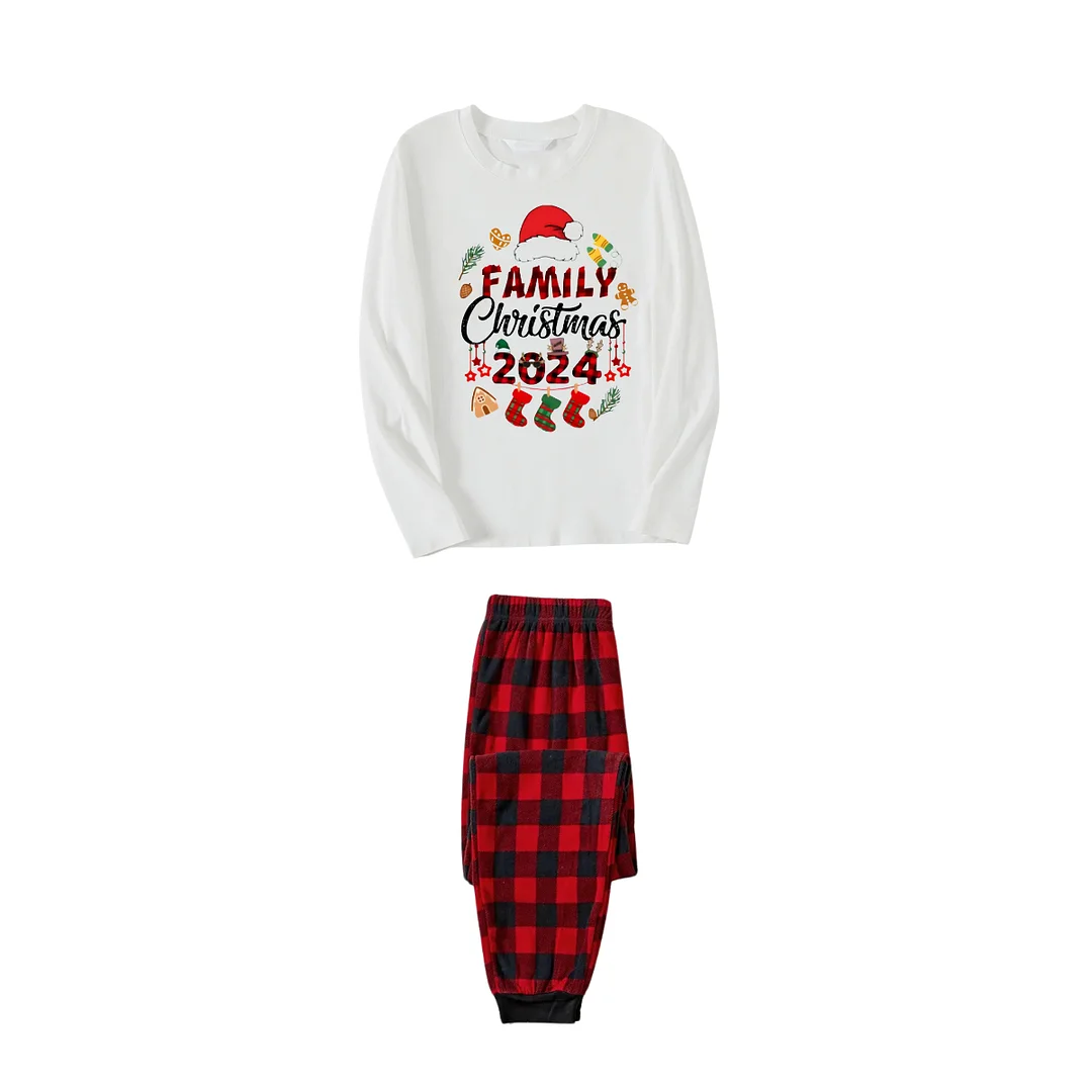 "Family Christmas 2024" and Christmas Pattern Printed Red & Black Plaid Family Matching Pajamas