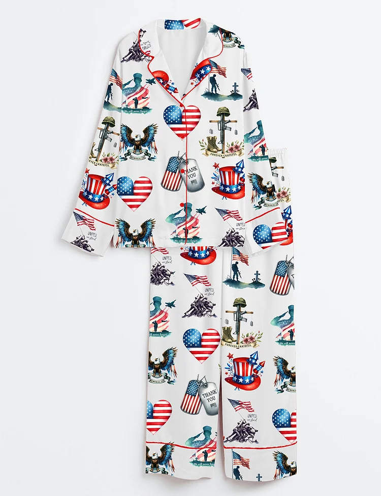 Women&rsquo;s Watercolor Memorial Day 4th of July Veteran Tribute Long Sleeve Satin Pajama Set