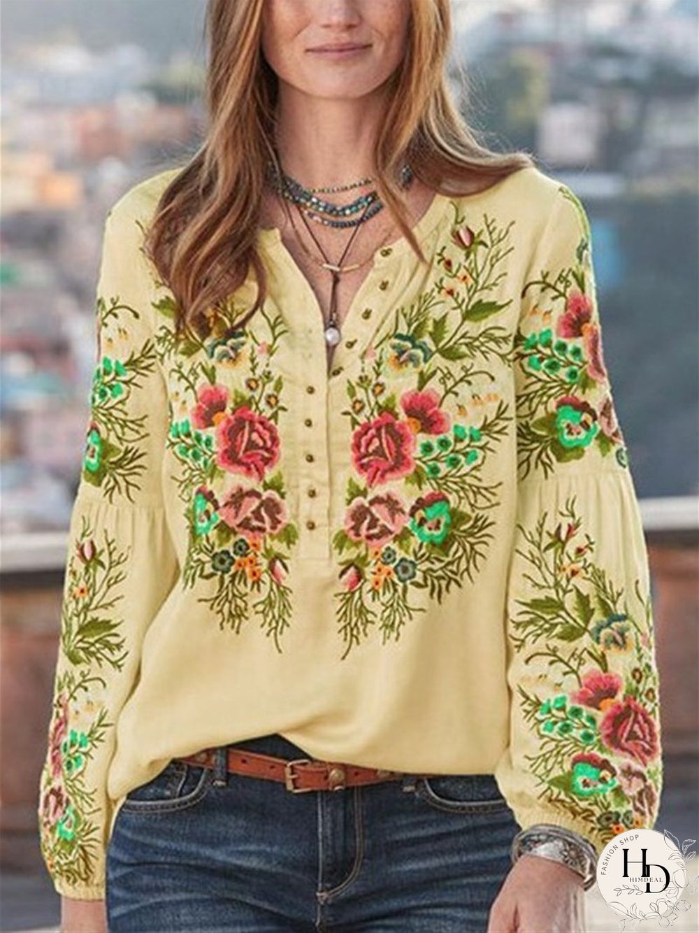 V-Neck Button Women Flower Printed Autumn Top