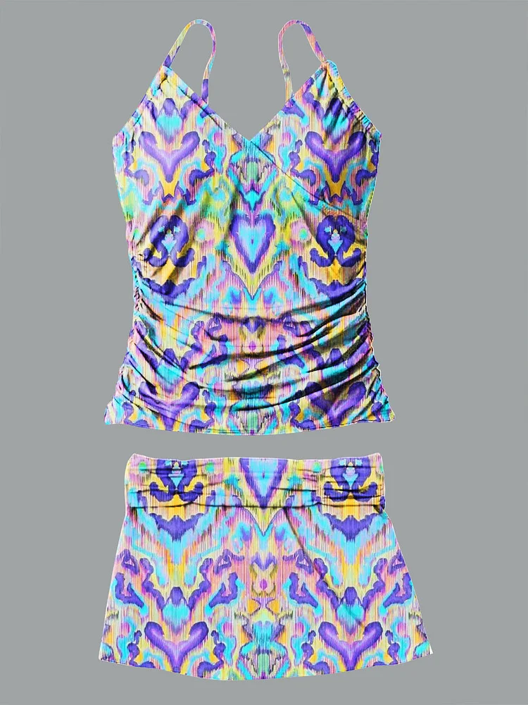 V Neck Vintage Ethnic Style Geometric Pattern Halter Pants Skirt Set Swimsuit