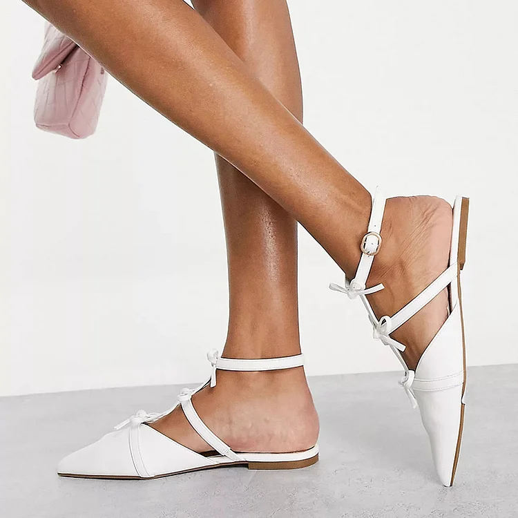 White Pointed Bow Shoes Flat Pumps Office Flats Vdcoo