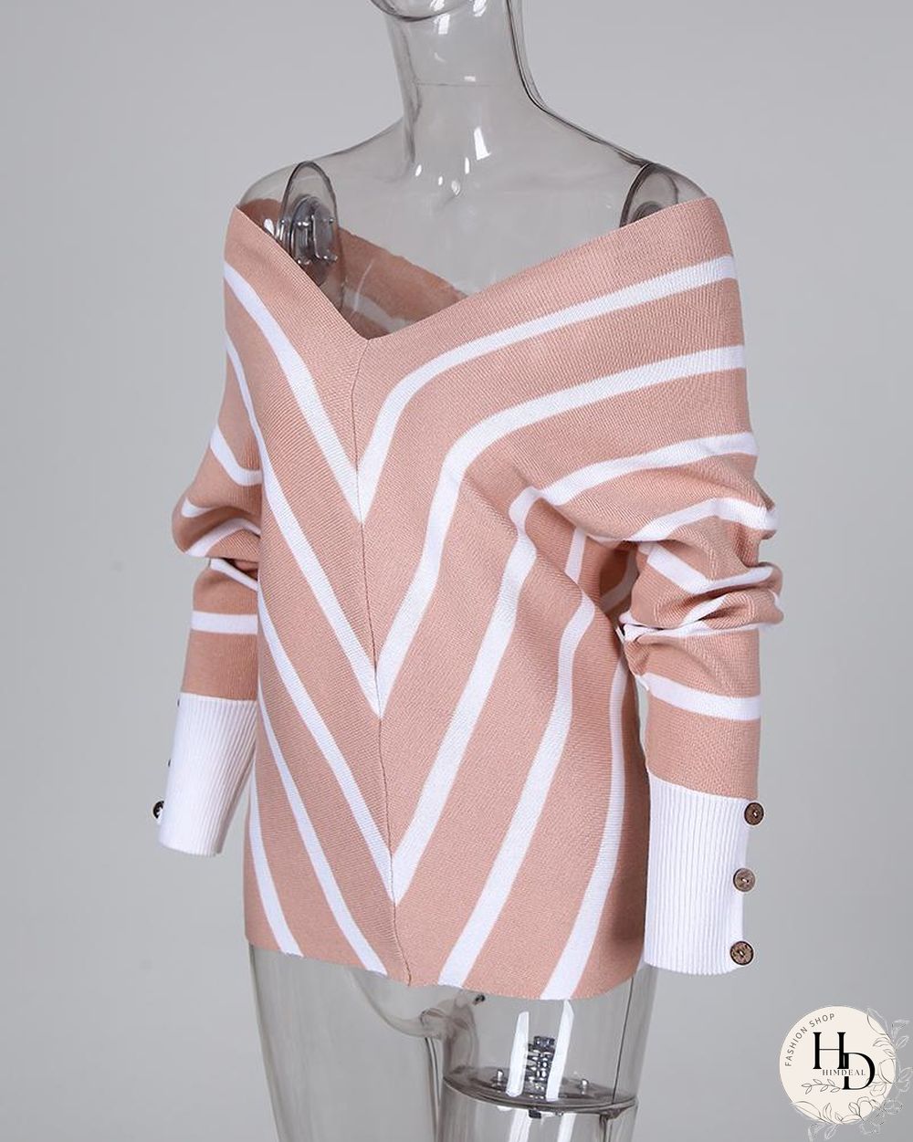 V Neck Popper Cuff Striped Casual Sweater P16131