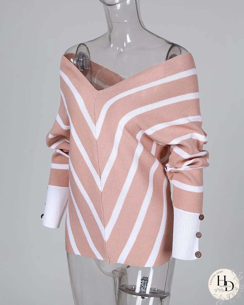 V Neck Popper Cuff Striped Casual Sweater P16131