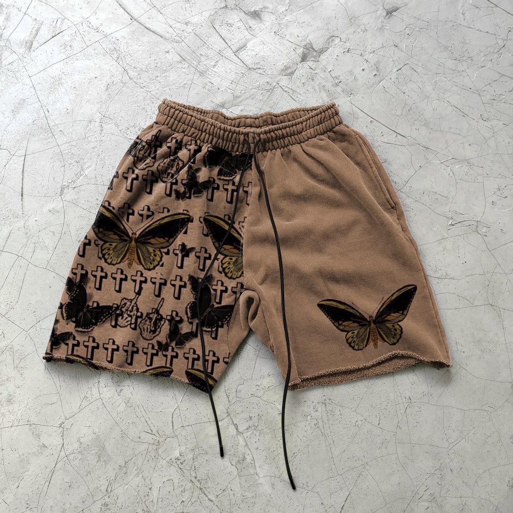 Retro print personality stitching casual shorts