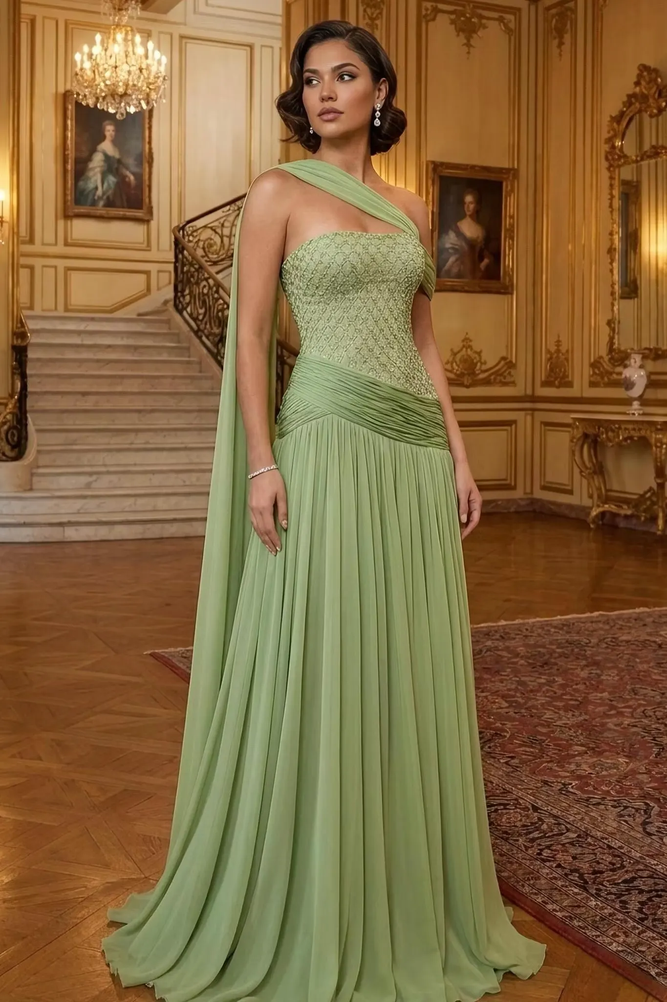 Daisda Stunning Chiffon Sage Green Strapless Prom Dress Pleated With Beading