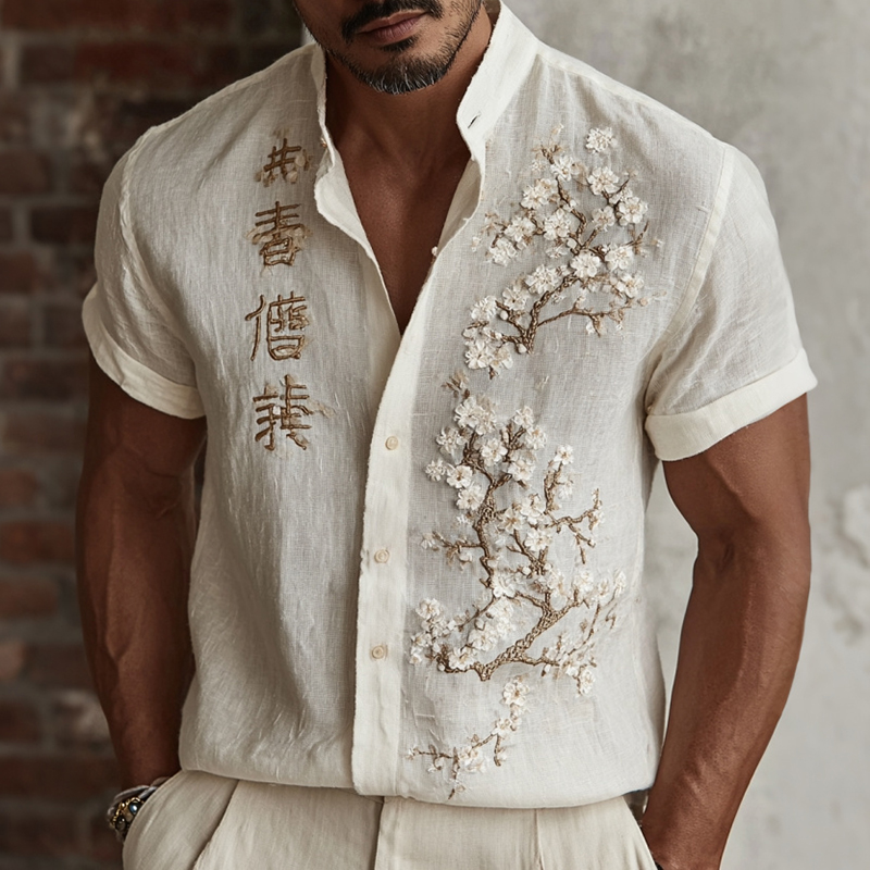 Japanese Style Cherry Blossom Art Embroidered Short Sleeve Shirt elevenforest