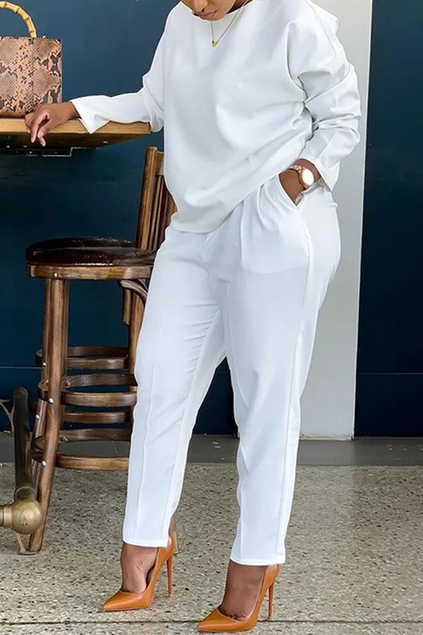Simple Solid Color Round Neck Pocket Pant Suits