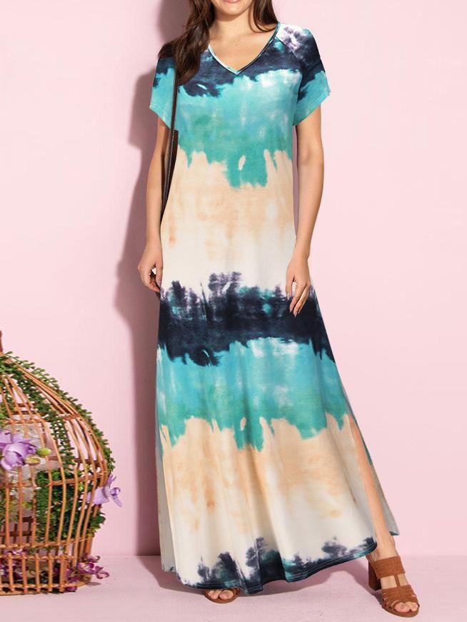 Women Half Sleeve V-neck Solid Color Dress