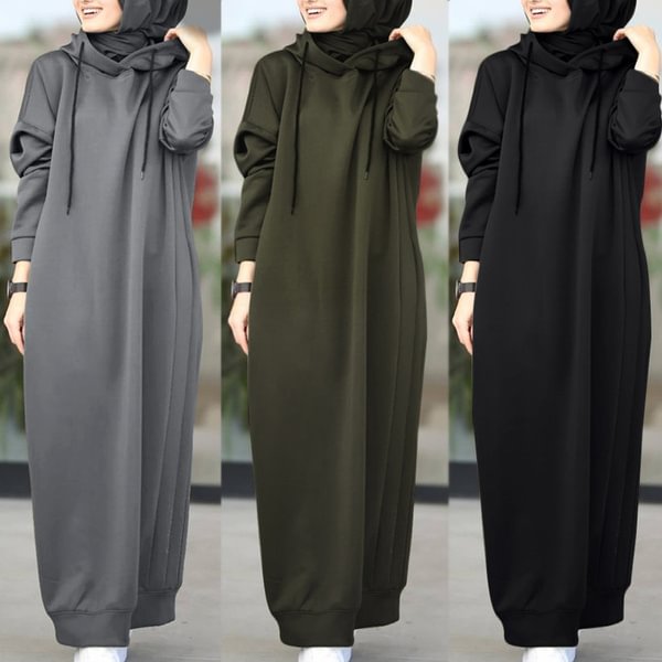 ZANZEA Women Autumn O Neck Solid Long Hooded Dress Baggy Bohemian Muslim Kaftan Abaya Maxi Dress Hoodies - Chicaggo