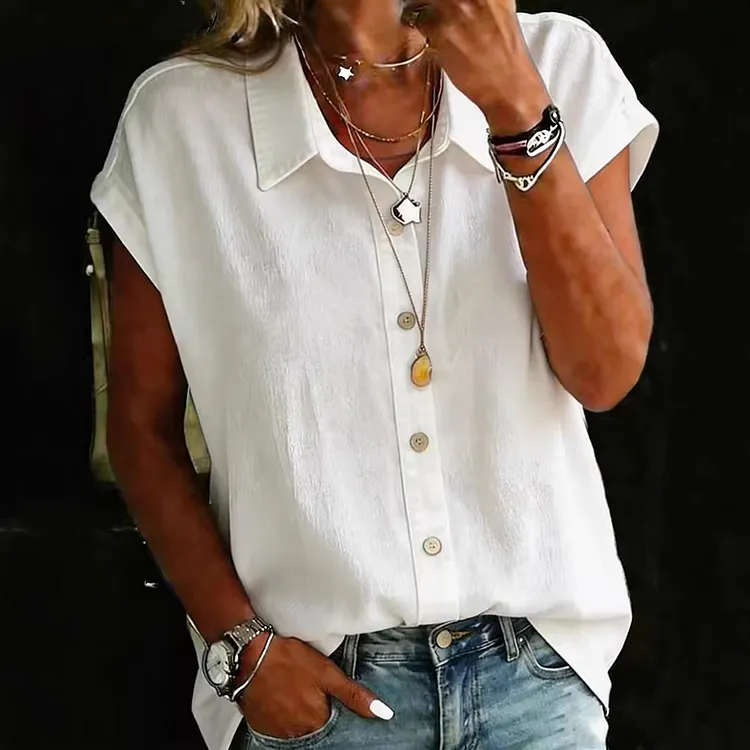 Women's Retro Solid Color Linen Blend Short Sleeve Shirt
