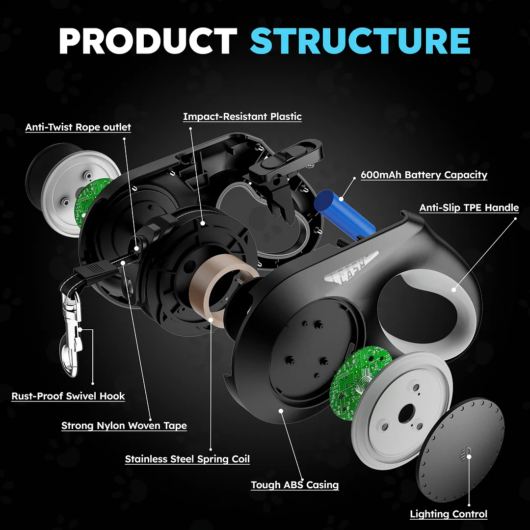 Retractable Dog Leash, 16ft Retractable Leash with Rechargeable LED Light - Tangle Free, Anti Slip Handle, Nylon Tape, One Button Brake & Lock