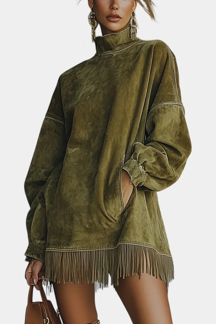 High-Neck Fringed Oversized Suede Dress